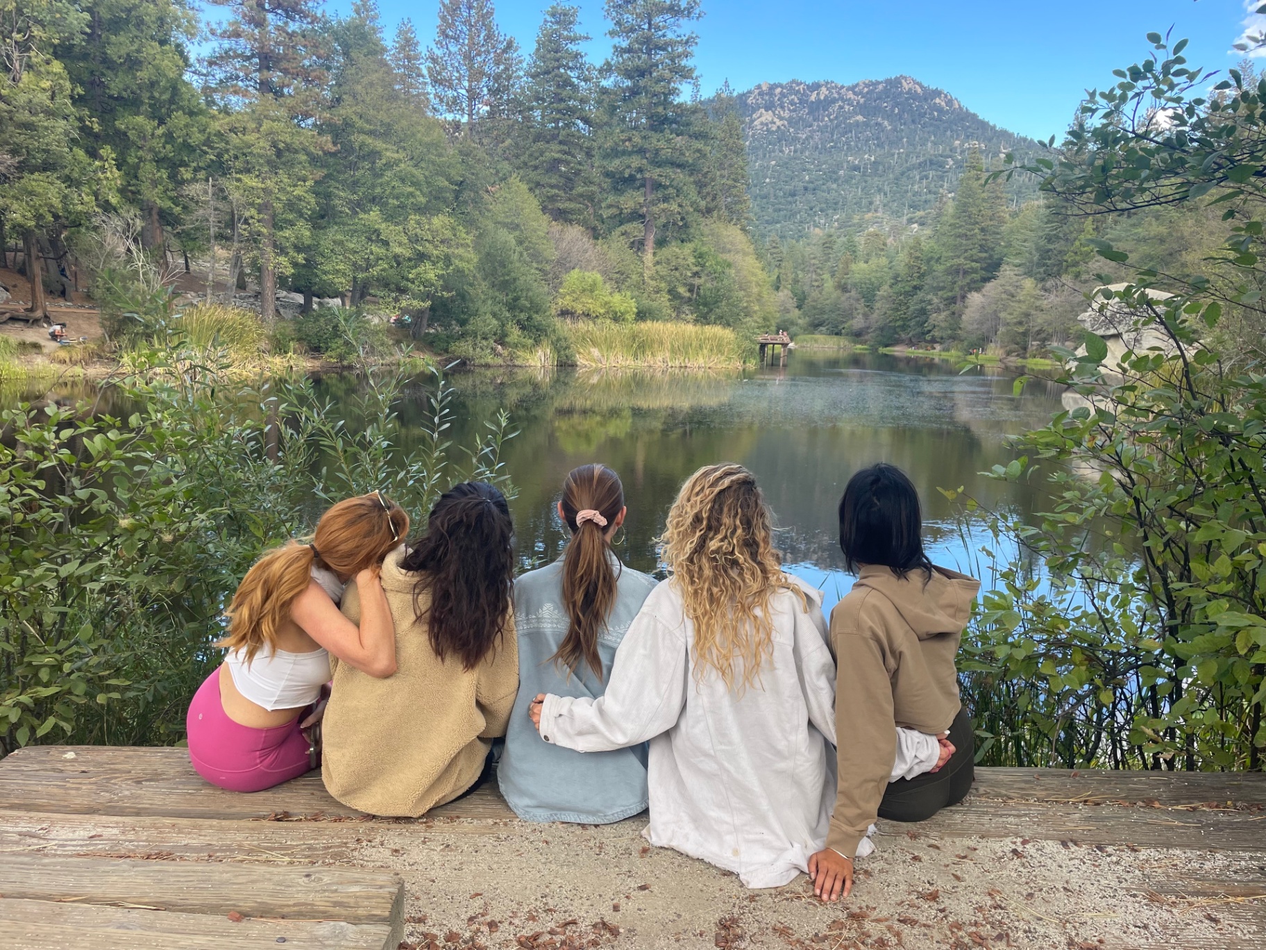 Five friends sitting together looking out over a mountain lake